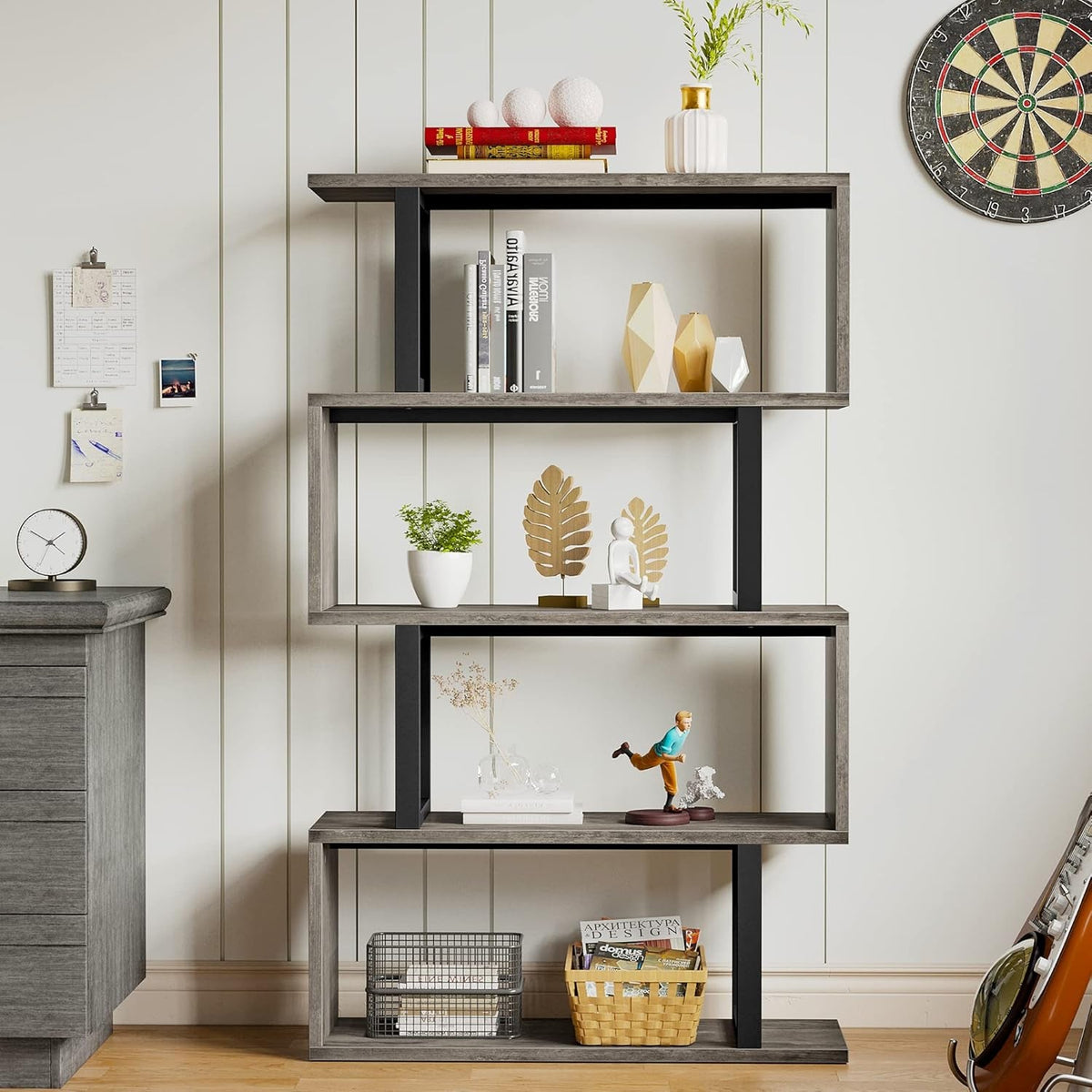 5 Tier Bookshelf Gray and Black for Office and Living Room