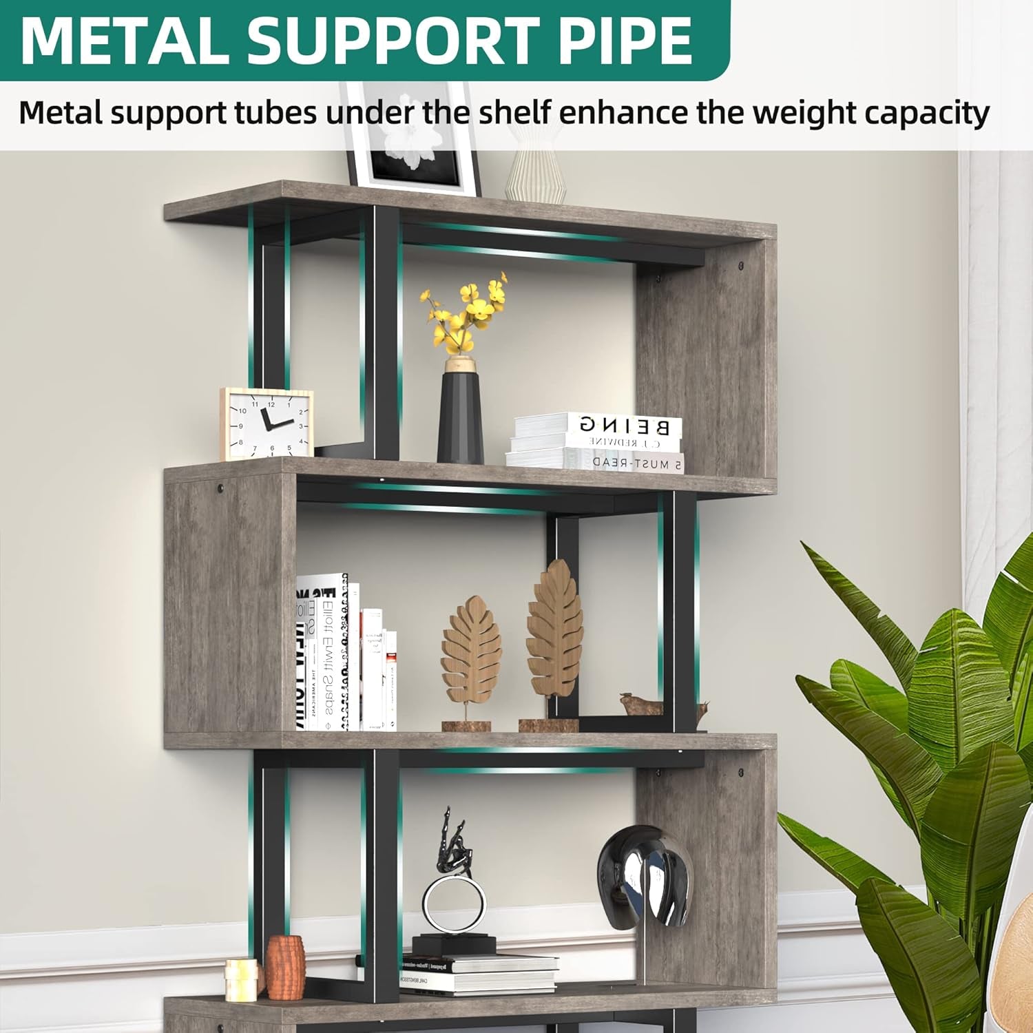 5 Tier Bookshelf Gray and Black for Office and Living Room