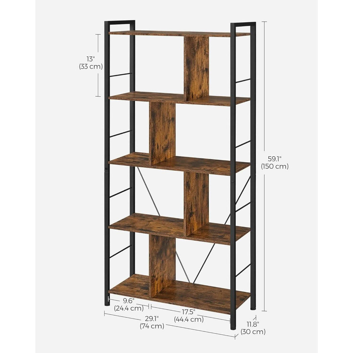 5 Tier Bookshelf Rustic Brown And Black Metal Frame