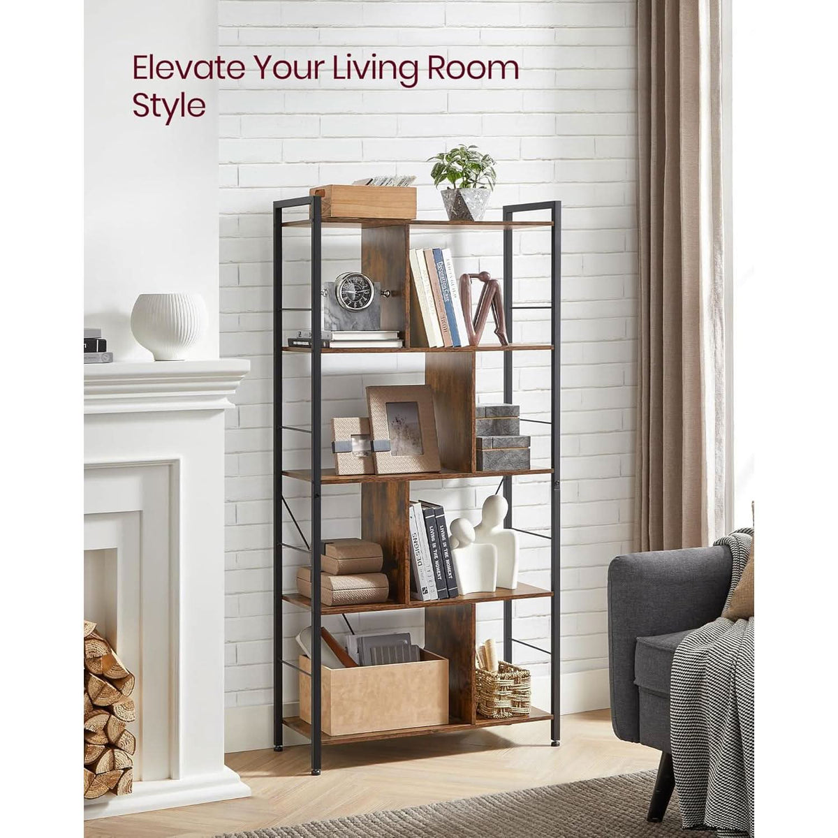 5 Tier Bookshelf Rustic Brown And Black Metal Frame