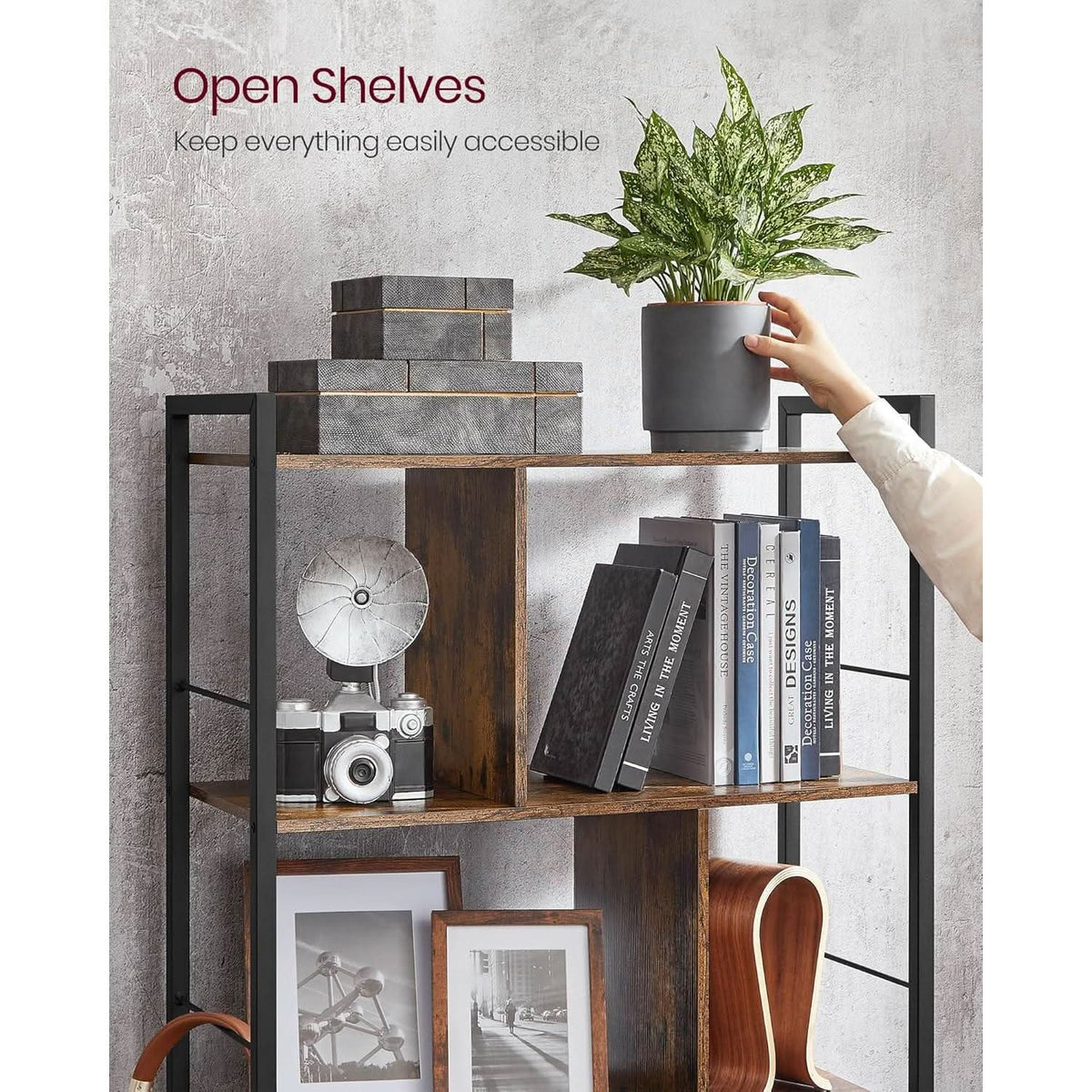 5 Tier Bookshelf Rustic Brown And Black Metal Frame