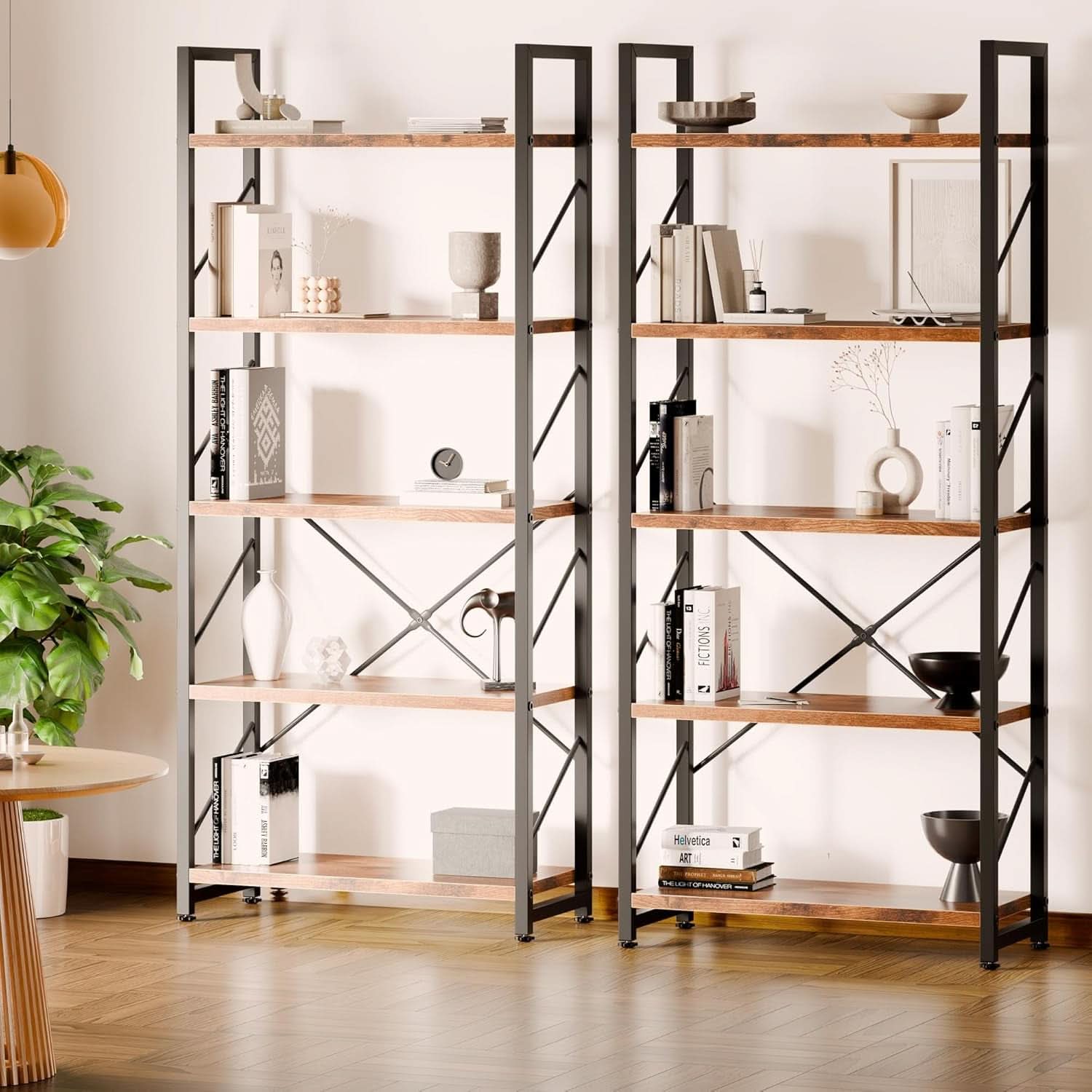 5 Tier Bookshelf Rustic Brown Tall Bookcase For Home Office