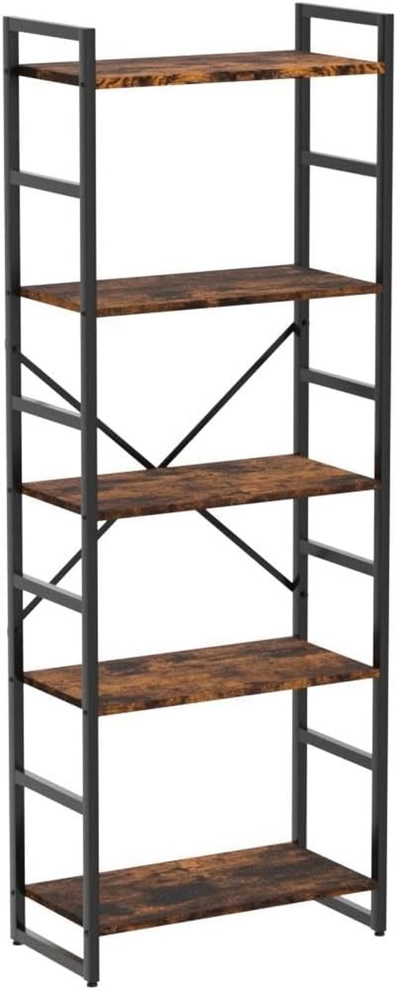 5 Tier Bookshelf Rustic Brown Tall Bookcase For Home Office