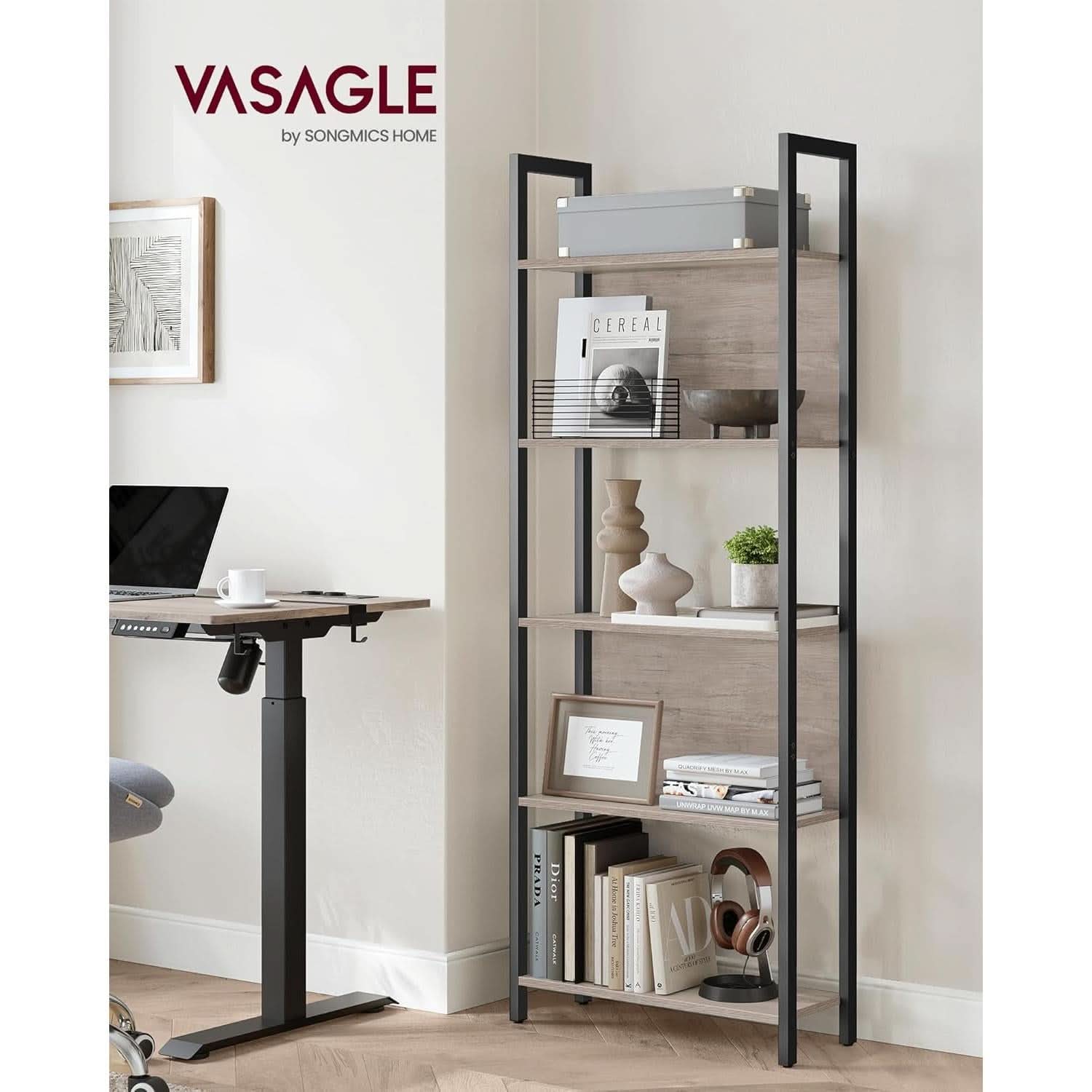 5 Tier Bookshelf Steel Frame 9.4Dx24.4Wx65H Greige Black
