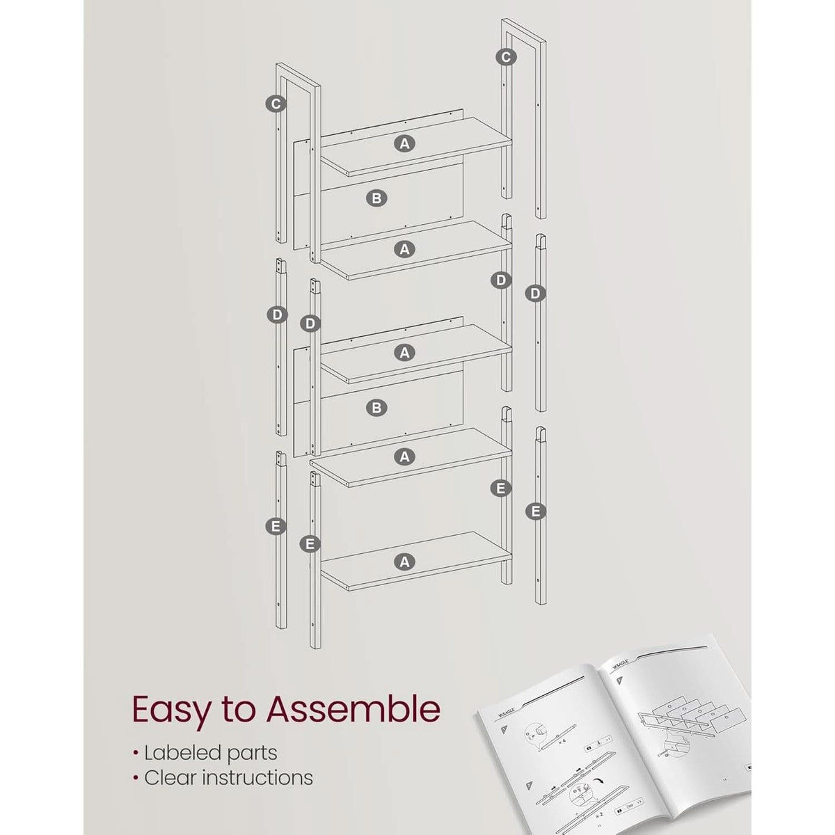 5 Tier Bookshelf Steel Frame 9.4Dx24.4Wx65H Greige Black