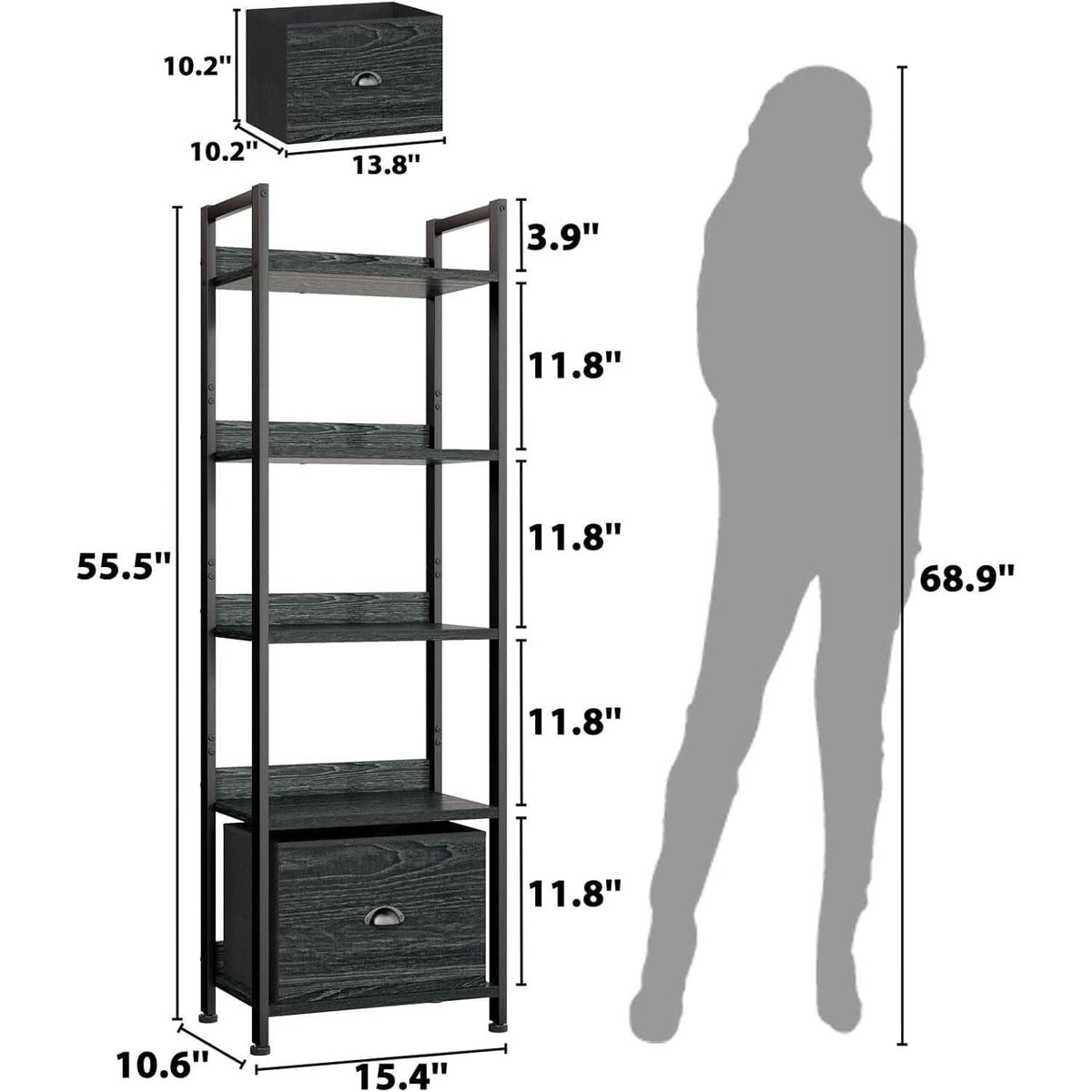 5 Tier Bookshelf With Drawer Black In Modern Rustic Style
