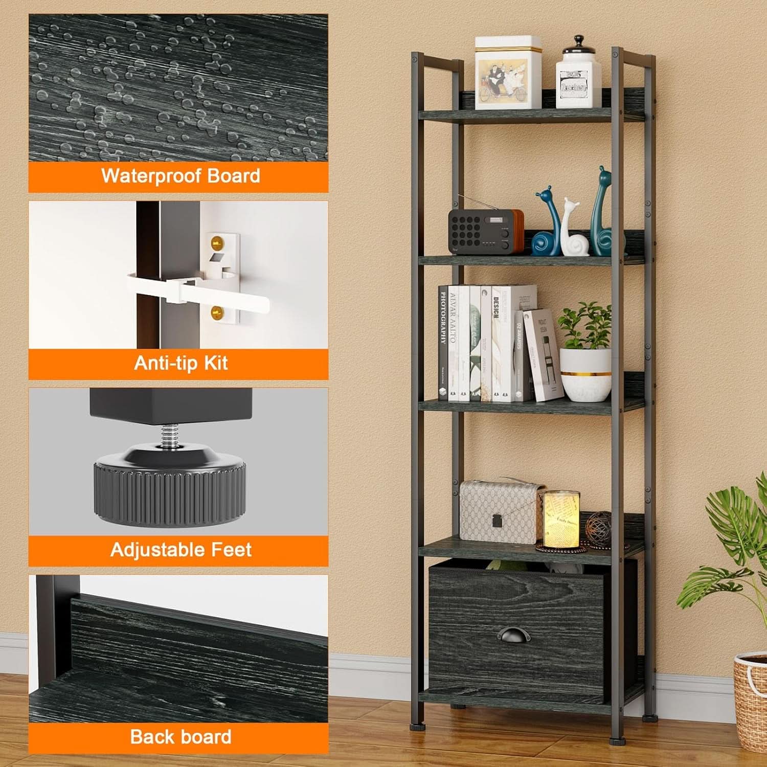 5 Tier Bookshelf With Drawer Black In Modern Rustic Style