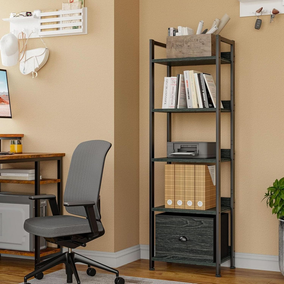 5 Tier Bookshelf With Drawer Black In Modern Rustic Style