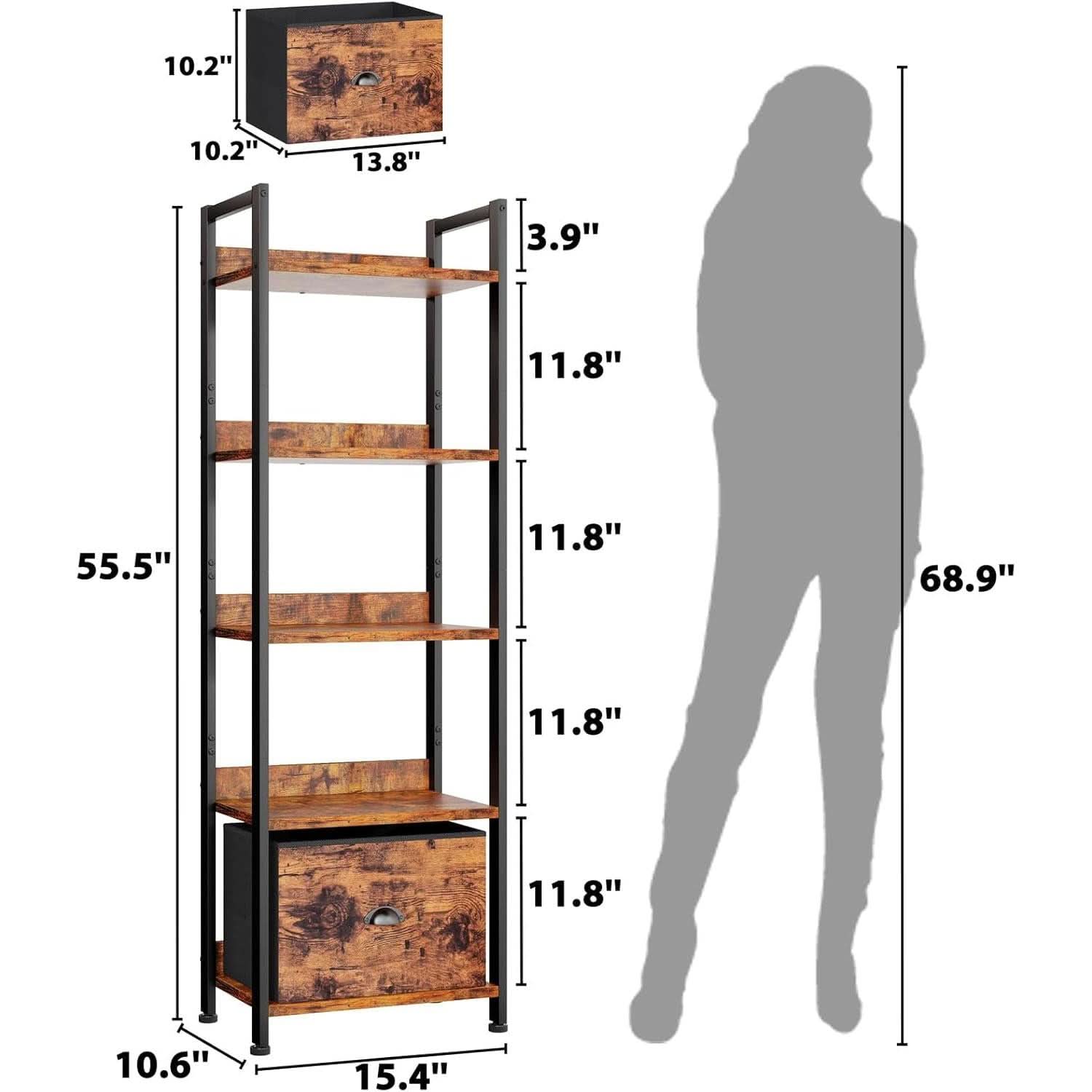 5 Tier Bookshelf With Drawer Tall Narrow Wood Bookcase