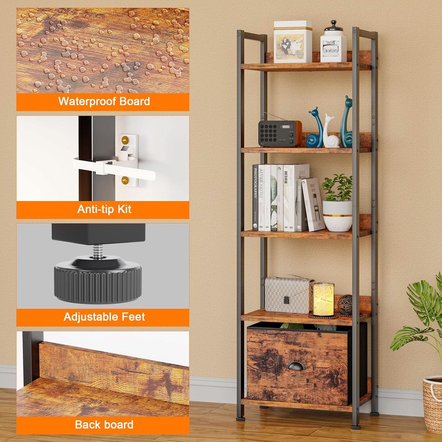 5 Tier Bookshelf With Drawer Tall Narrow Wood Bookcase