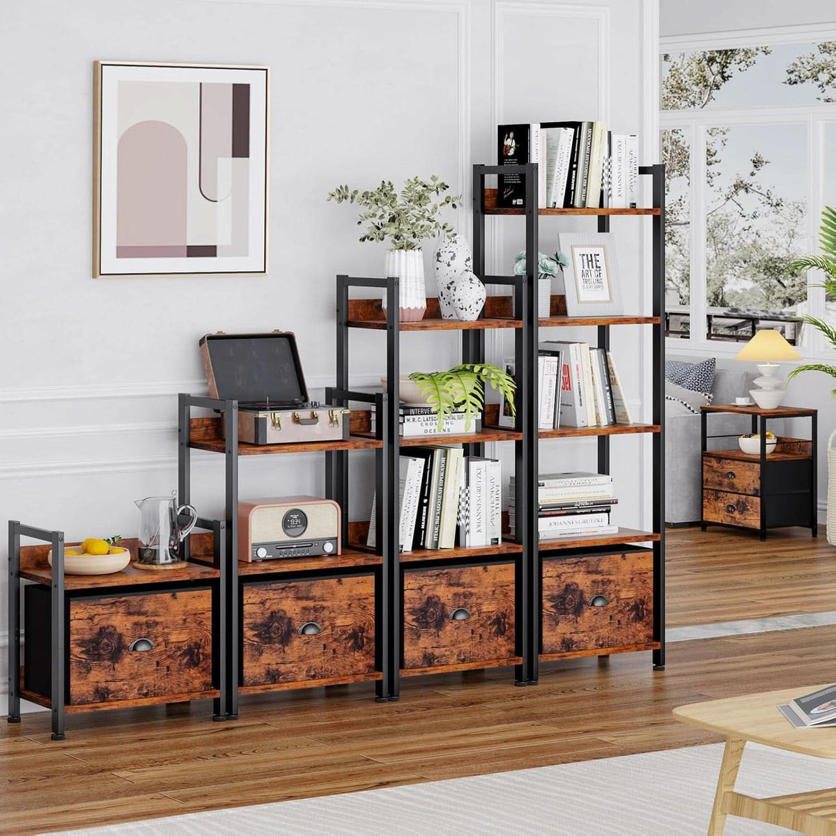 5 Tier Bookshelf With Drawer Tall Narrow Wood Bookcase