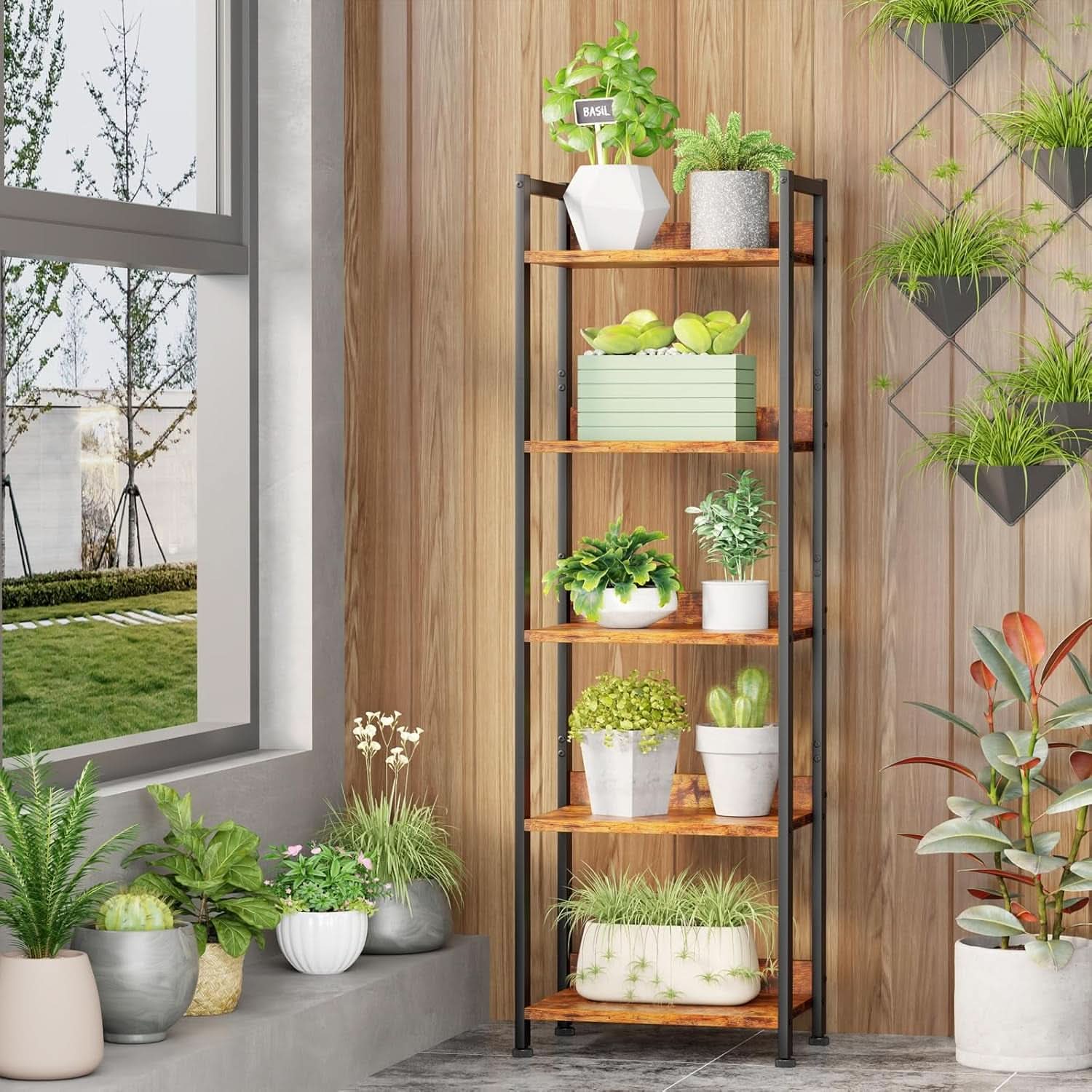 5 Tier Bookshelf With Drawer Tall Narrow Wood Bookcase