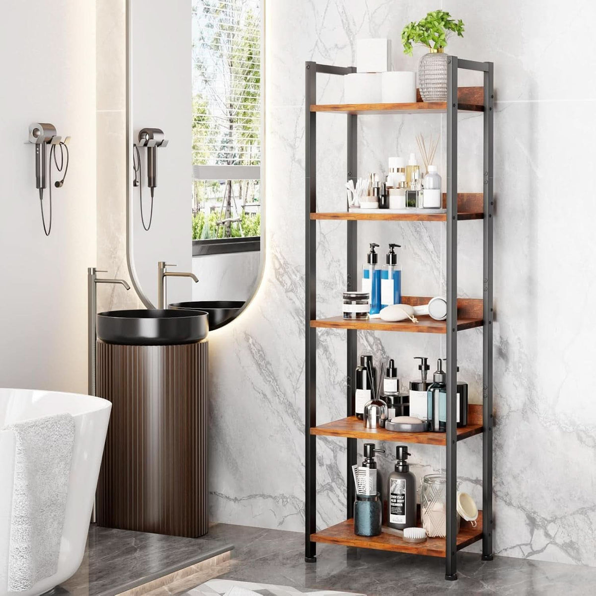 5 Tier Bookshelf With Drawer Tall Narrow Wood Bookcase
