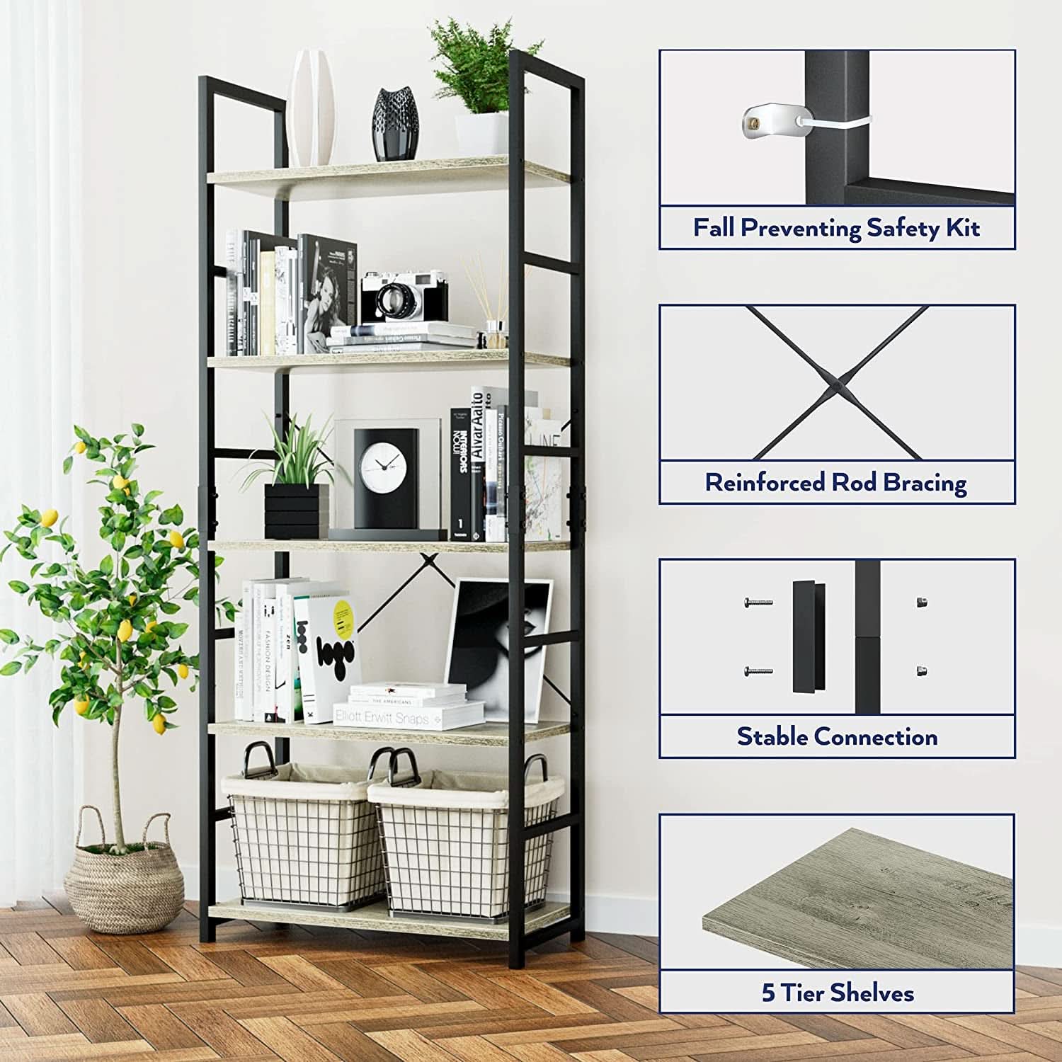 5-Tier Bookshelf for Home Office Scratch-Resistant