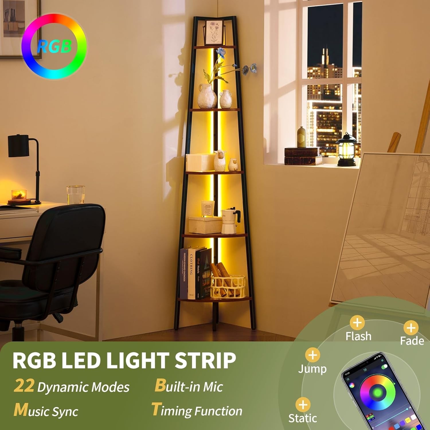 5 Tier Corner Bookshelf With LED Light And App Control
