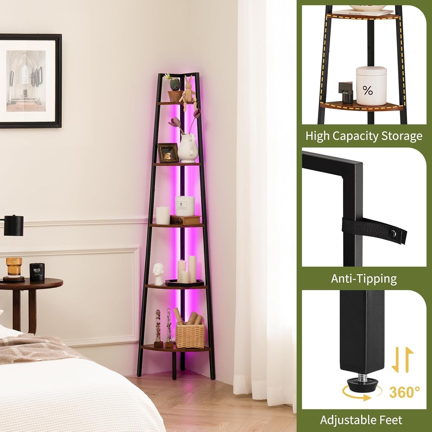 5 Tier Corner Bookshelf With LED Light And App Control