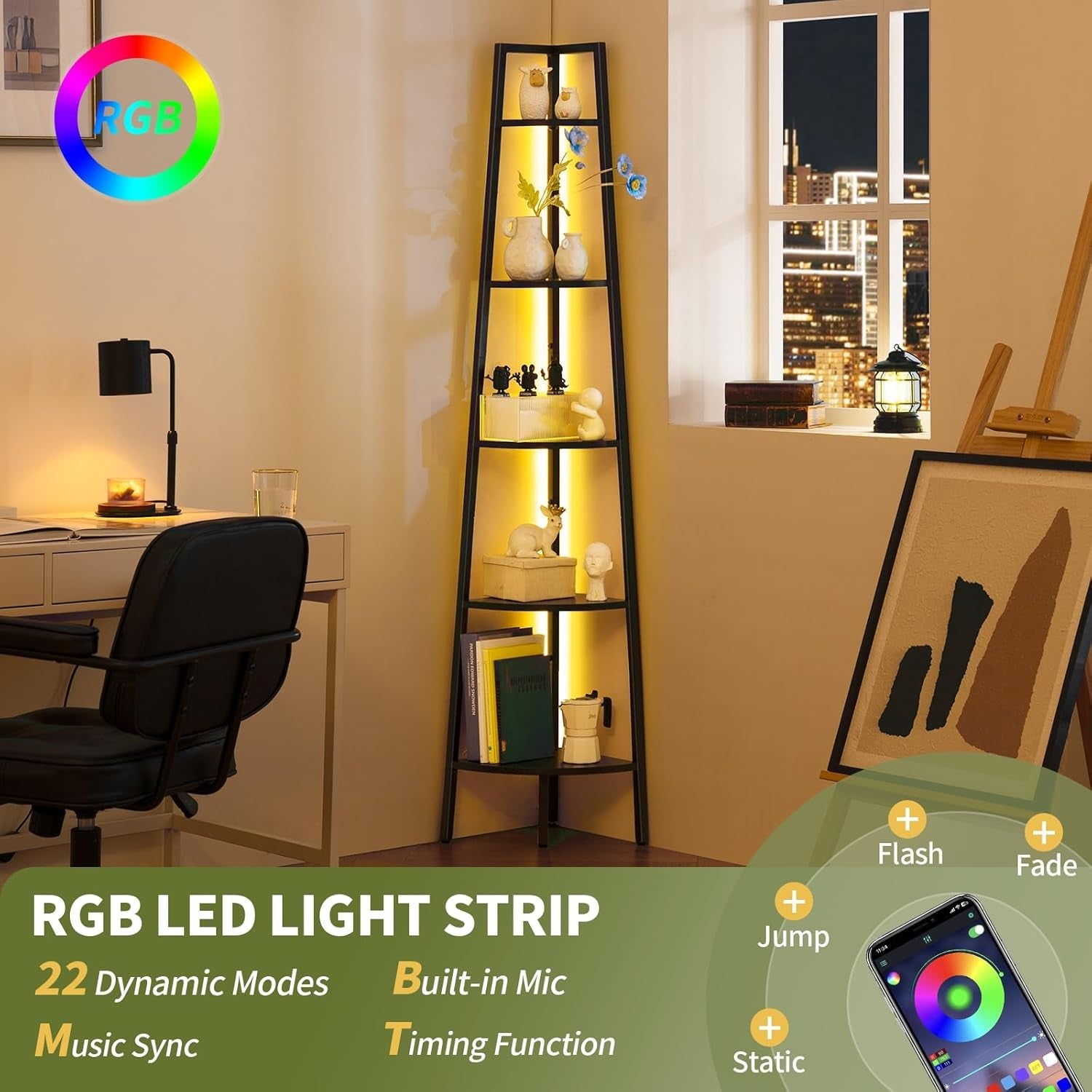 5 Tier Corner Bookshelf With LED Lights For Living Room