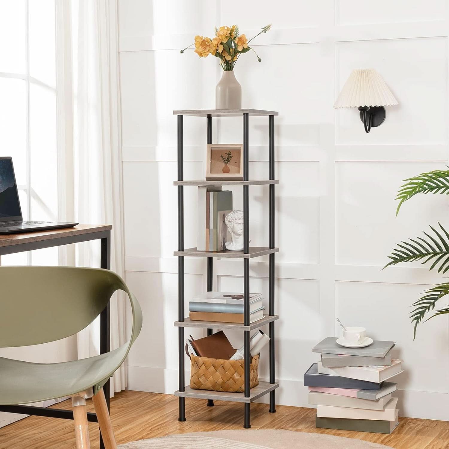 5 Tier Corner Shelf Stand Greige and Black No Tool Assembly