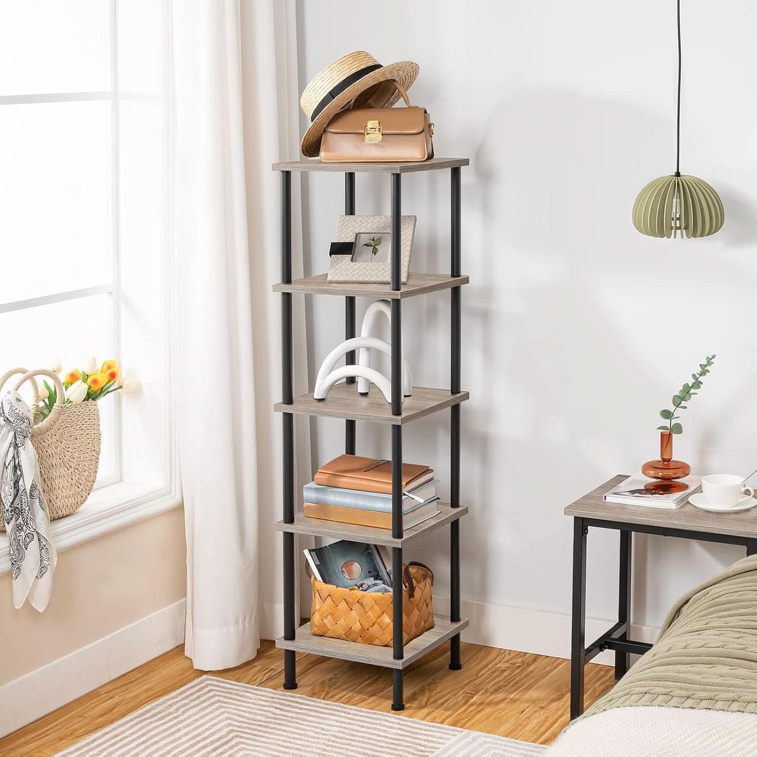 5 Tier Corner Shelf Stand Greige and Black No Tool Assembly
