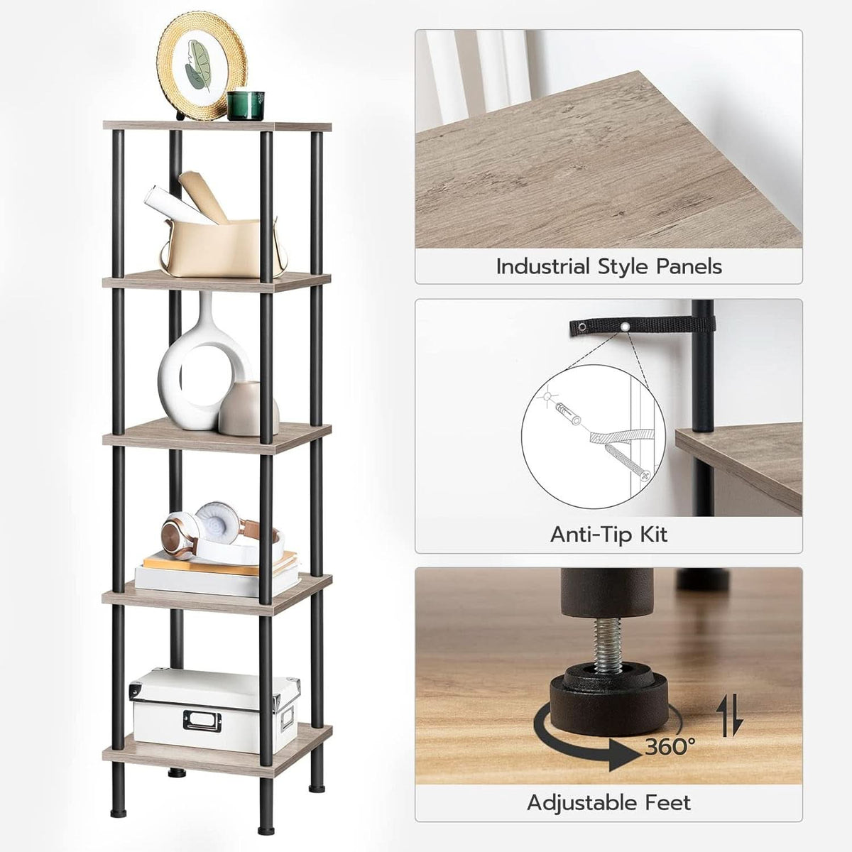 5 Tier Corner Shelf Stand Greige and Black No Tool Assembly