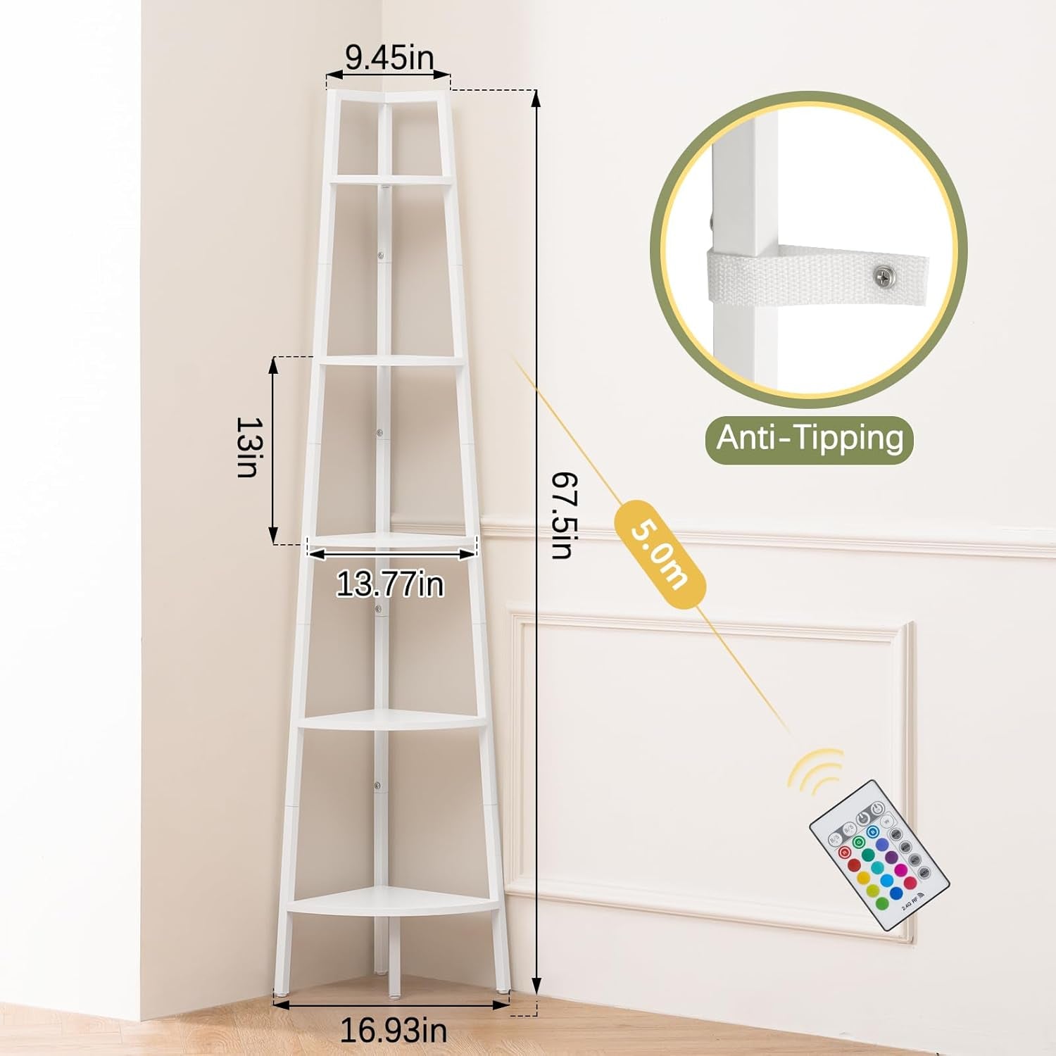 5-Tier Corner Shelf Stand With LED Lights Steel Frame