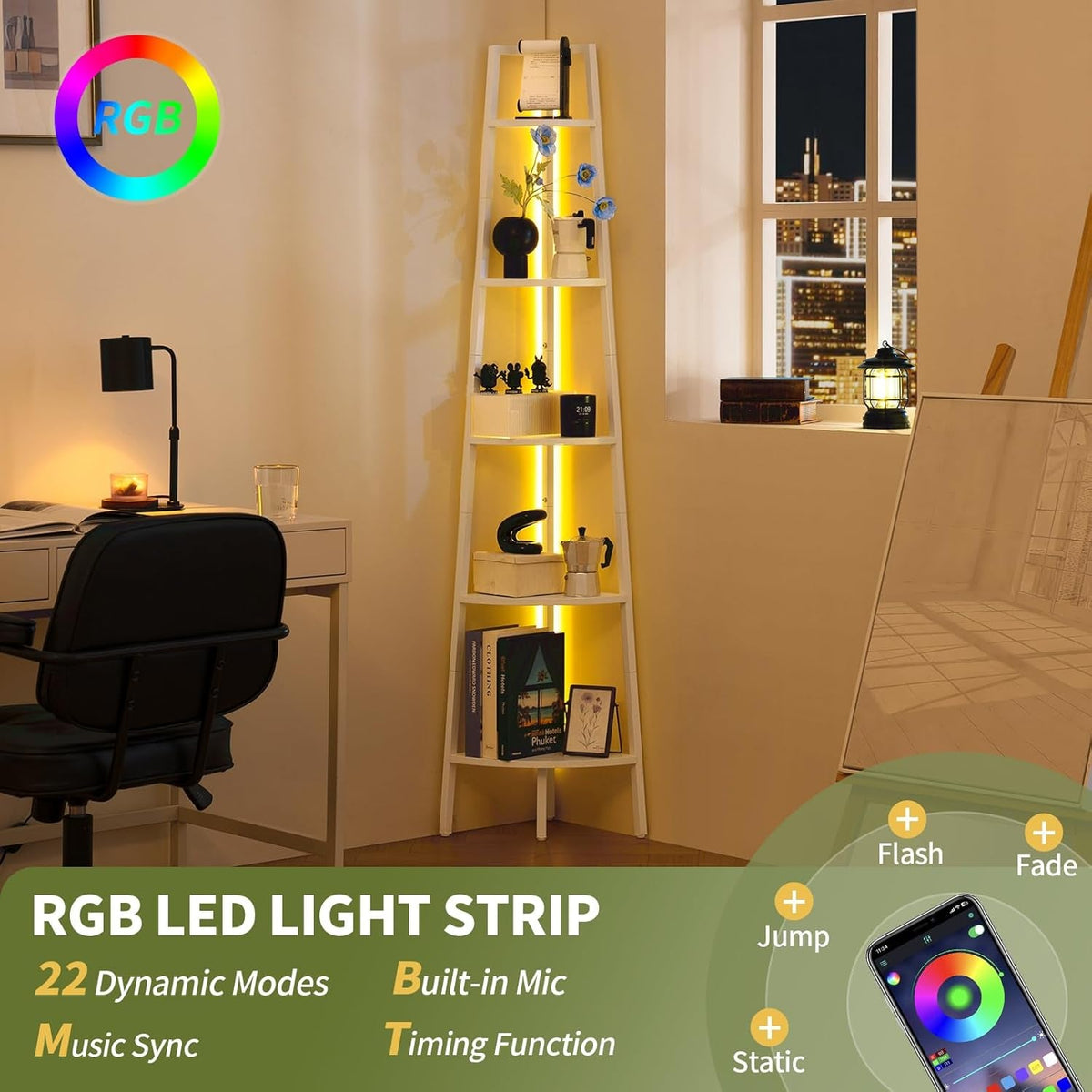 5-Tier Corner Shelf Stand With LED Lights Steel Frame