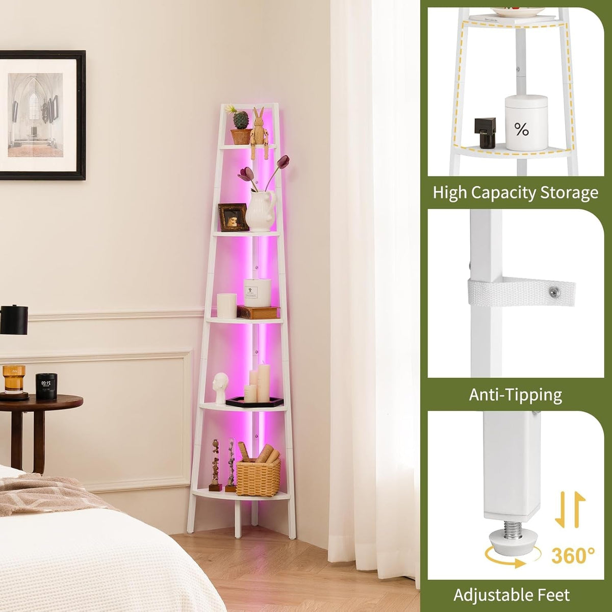 5-Tier Corner Shelf Stand With LED Lights Steel Frame