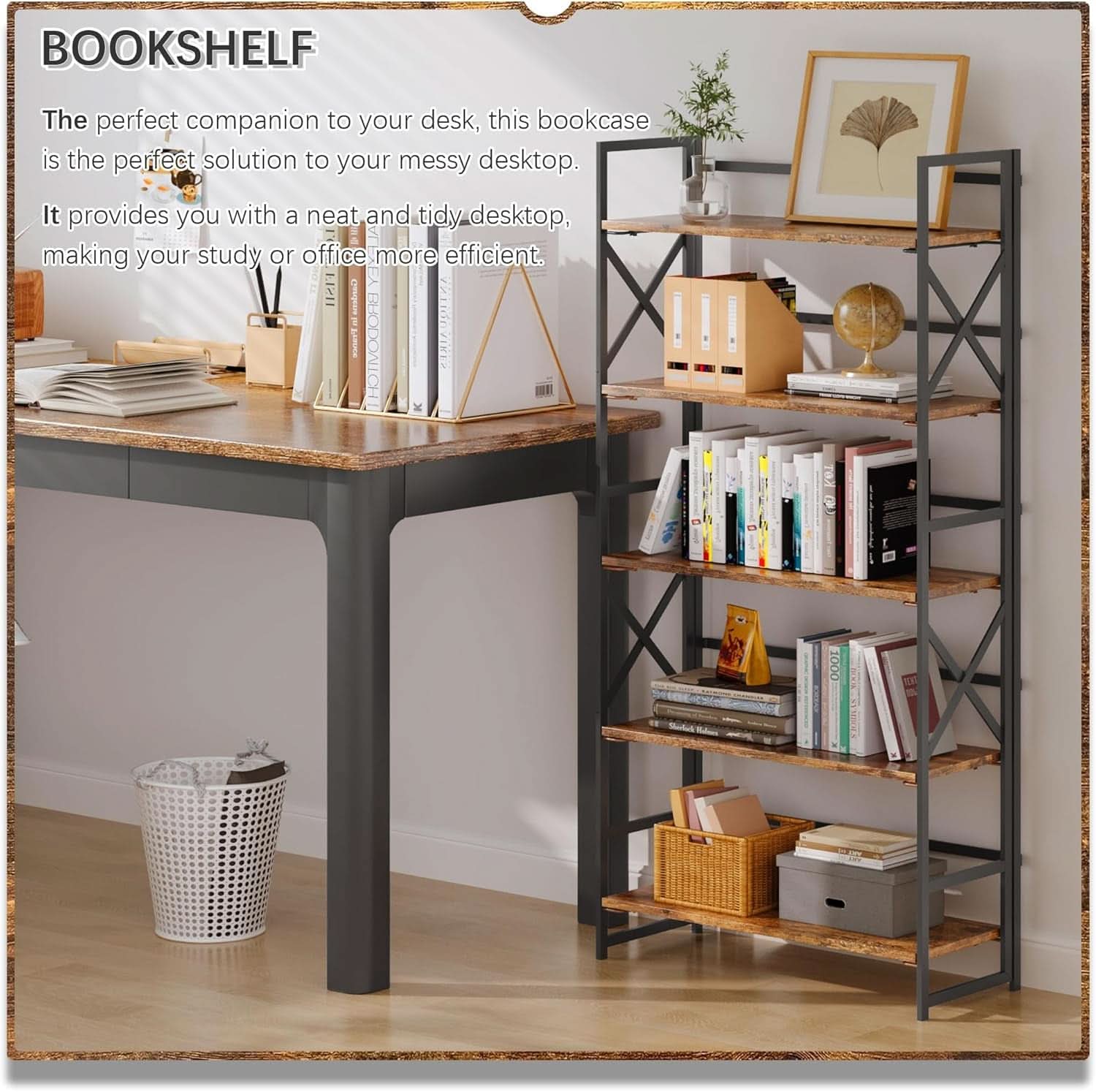 5 Tier Folding Bookshelf No Assembly Rustic Brown Storage