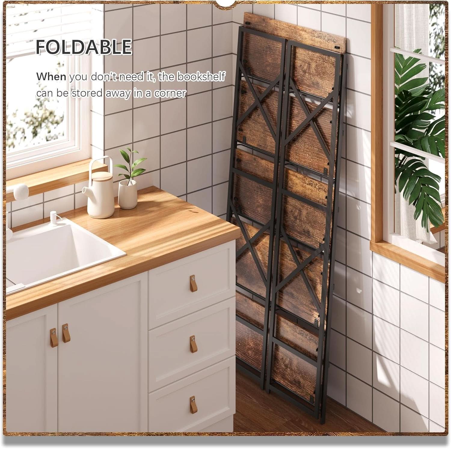 5 Tier Folding Bookshelf No Assembly Rustic Brown Storage
