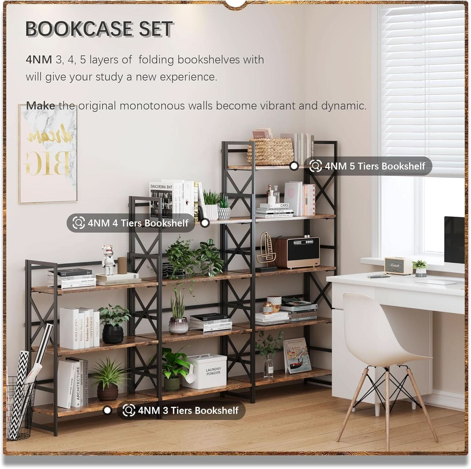 5 Tier Folding Bookshelf No Assembly Rustic Brown Storage