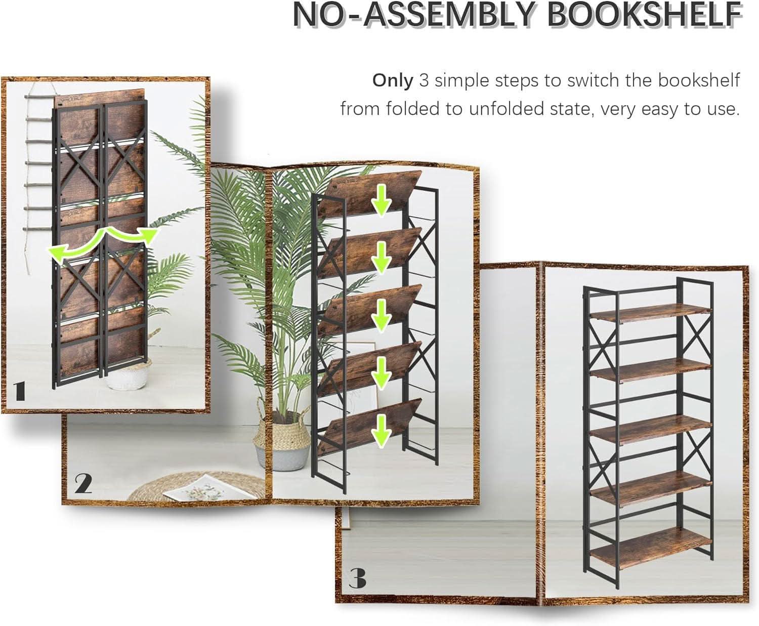 5 Tier Folding Bookshelf No Assembly Rustic Brown Storage
