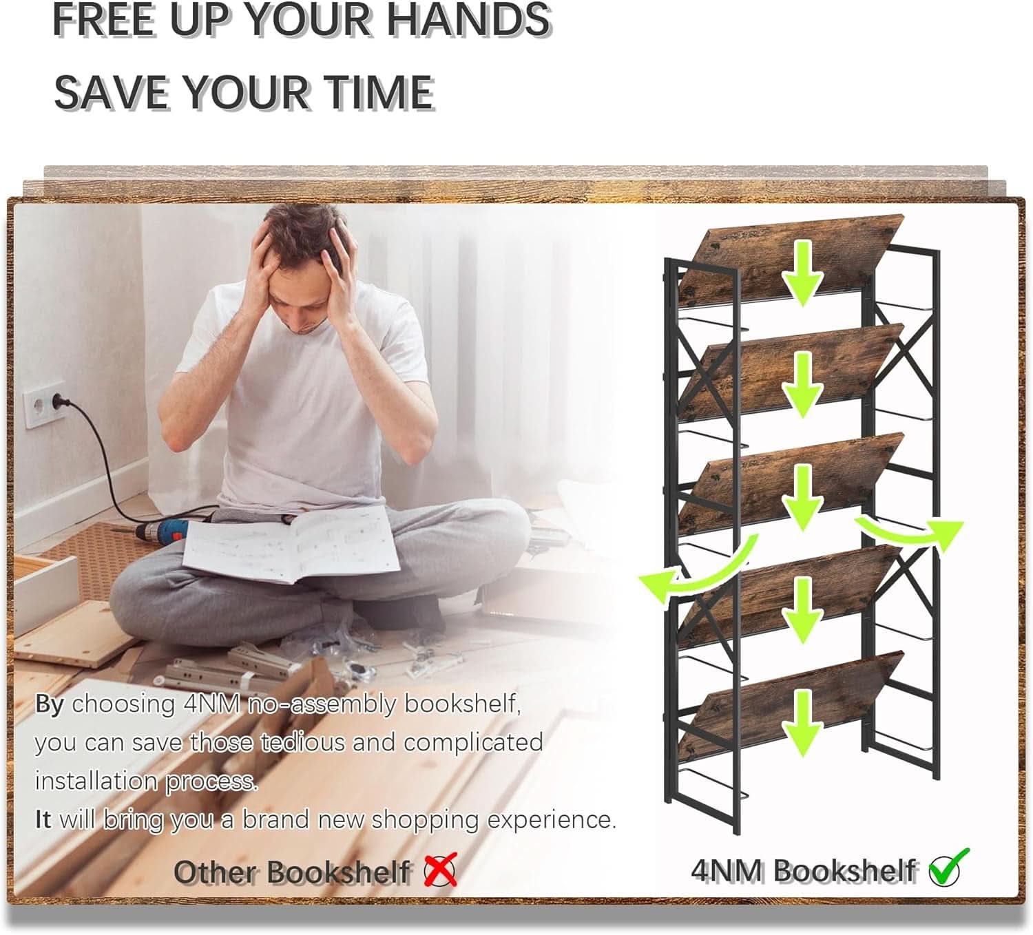 5 Tier Folding Bookshelf No Assembly Rustic Brown Storage