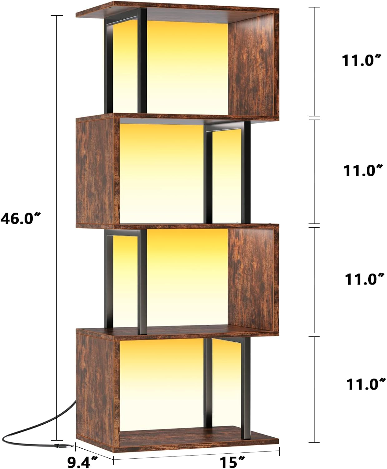 5 Tier Geometric Bookshelf With LED Light S Shaped Display