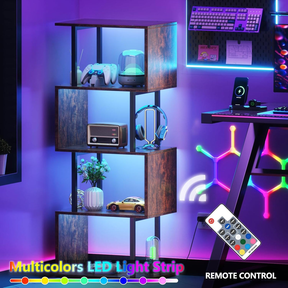5 Tier Geometric Bookshelf With LED Light S Shaped Display