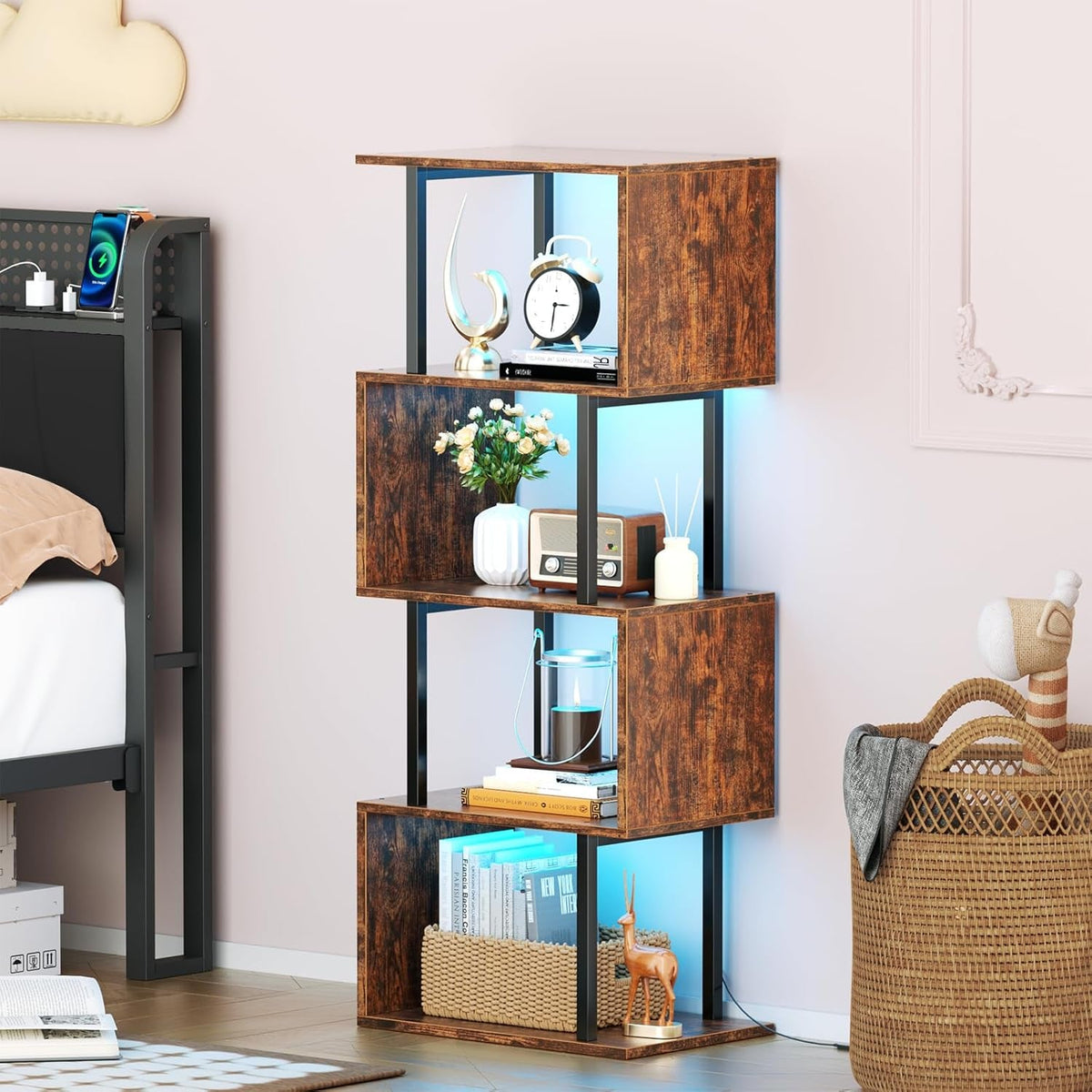 5 Tier Geometric Bookshelf With LED Light S Shaped Display