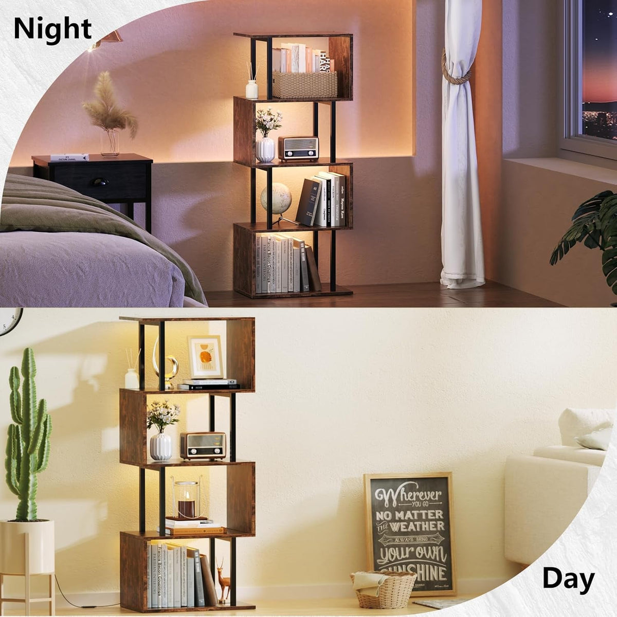 5 Tier Geometric Bookshelf With LED Light S Shaped Display