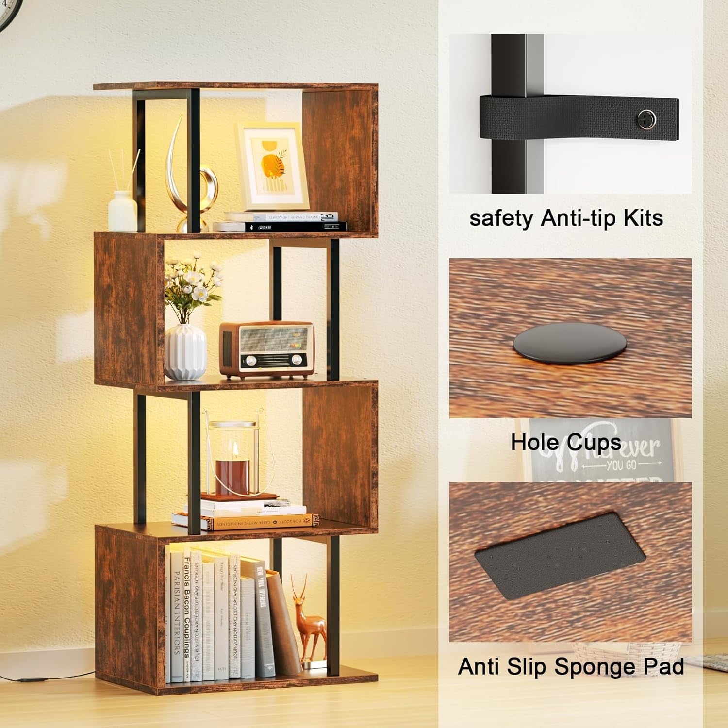 5 Tier Geometric Bookshelf With LED Light S Shaped Display