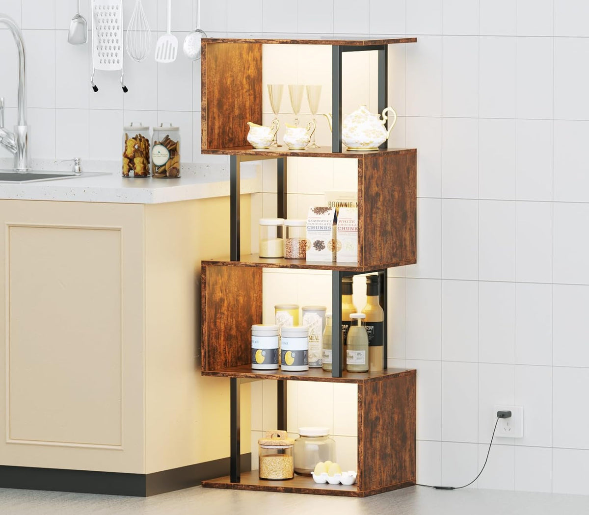 5 Tier Geometric Bookshelf With LED Light S Shaped Display