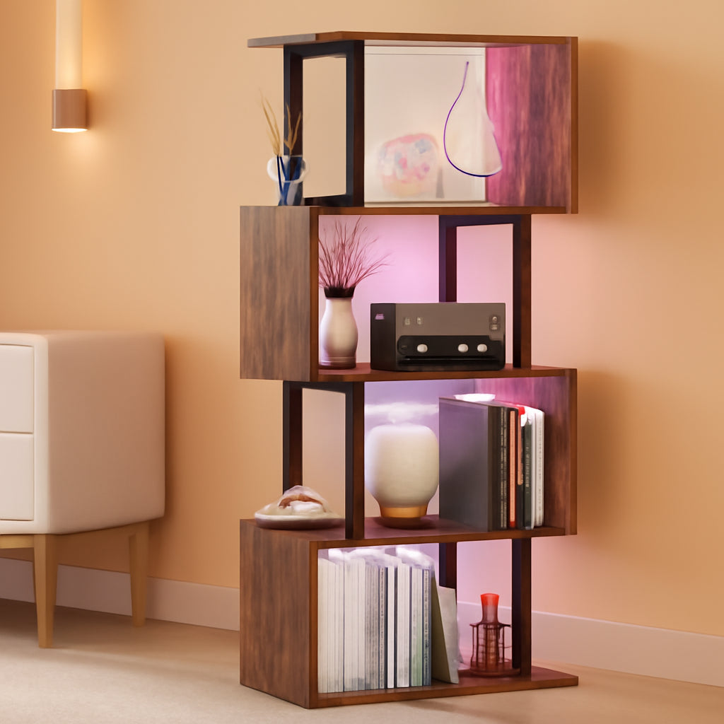 5 Tier Geometric Bookshelf With LED Light S Shaped Display