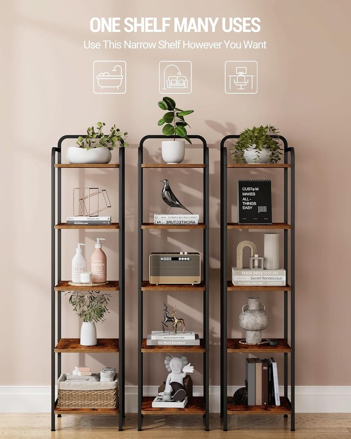 5-Tier Industrial Corner Shelf Narrow Rustic Black Bookcase
