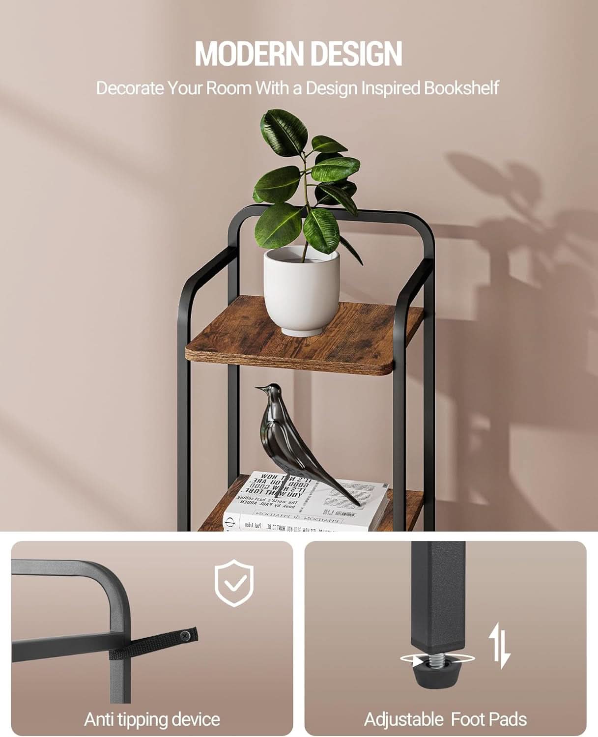 5-Tier Industrial Corner Shelf Narrow Rustic Black Bookcase