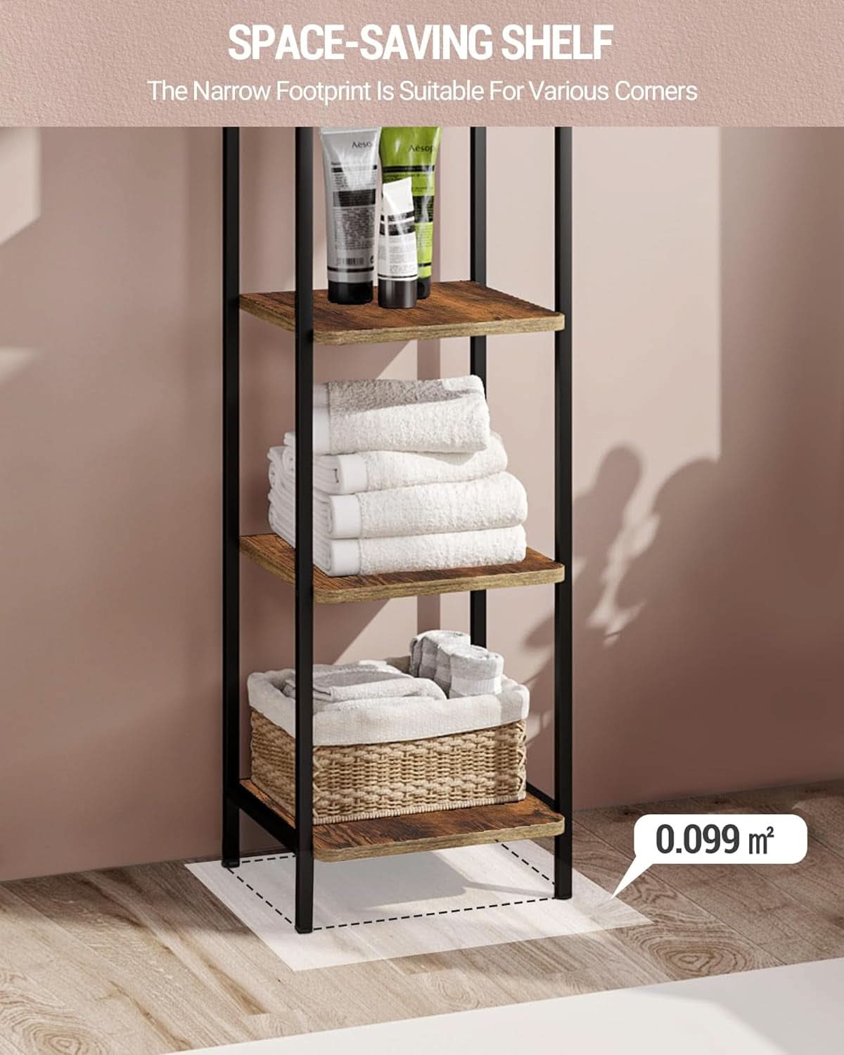 5-Tier Industrial Corner Shelf Narrow Rustic Black Bookcase
