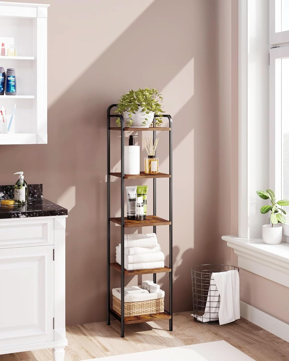 5-Tier Industrial Corner Shelf Narrow Rustic Black Bookcase