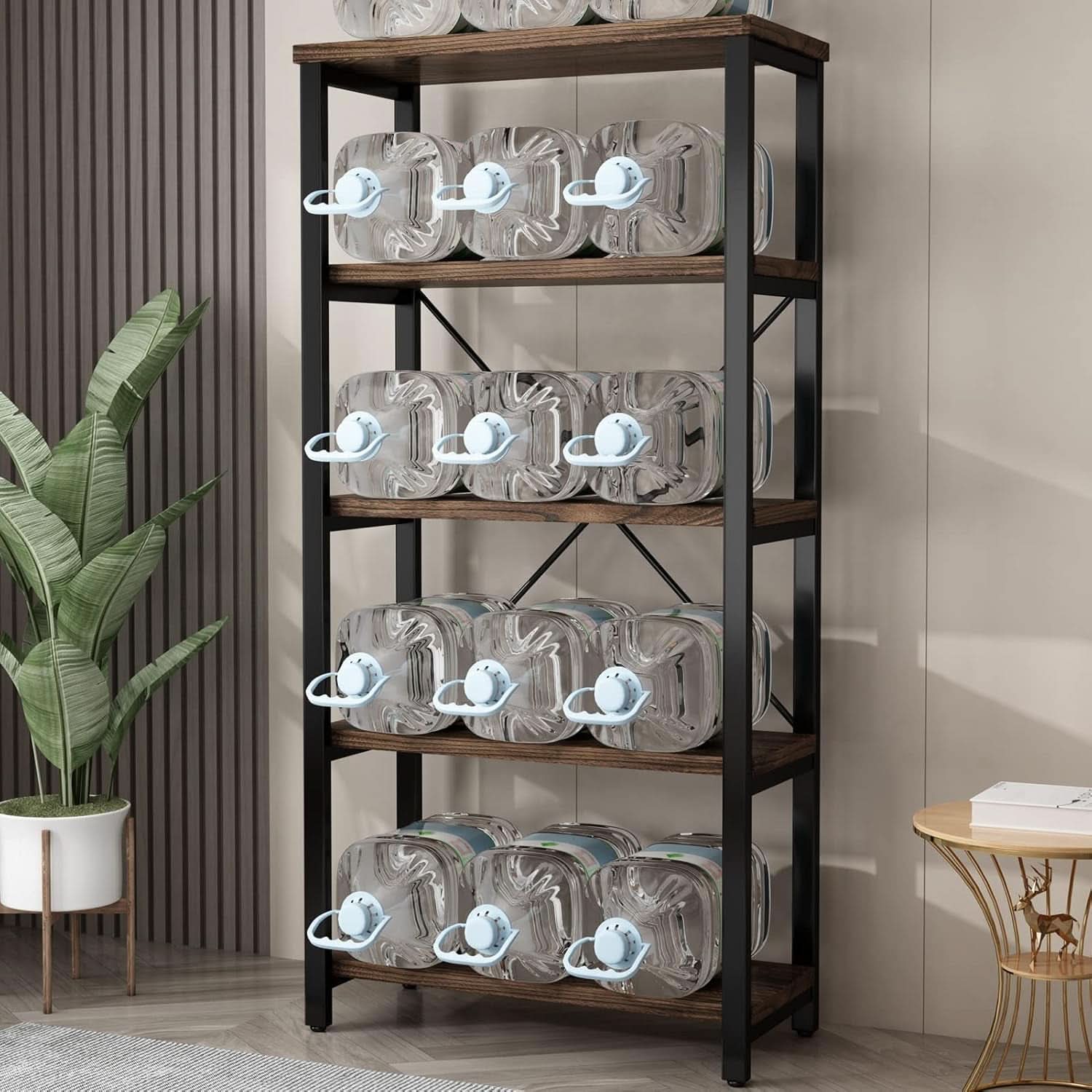 5 Tier Industrial Solid Wood Bookcase With Metal Frame