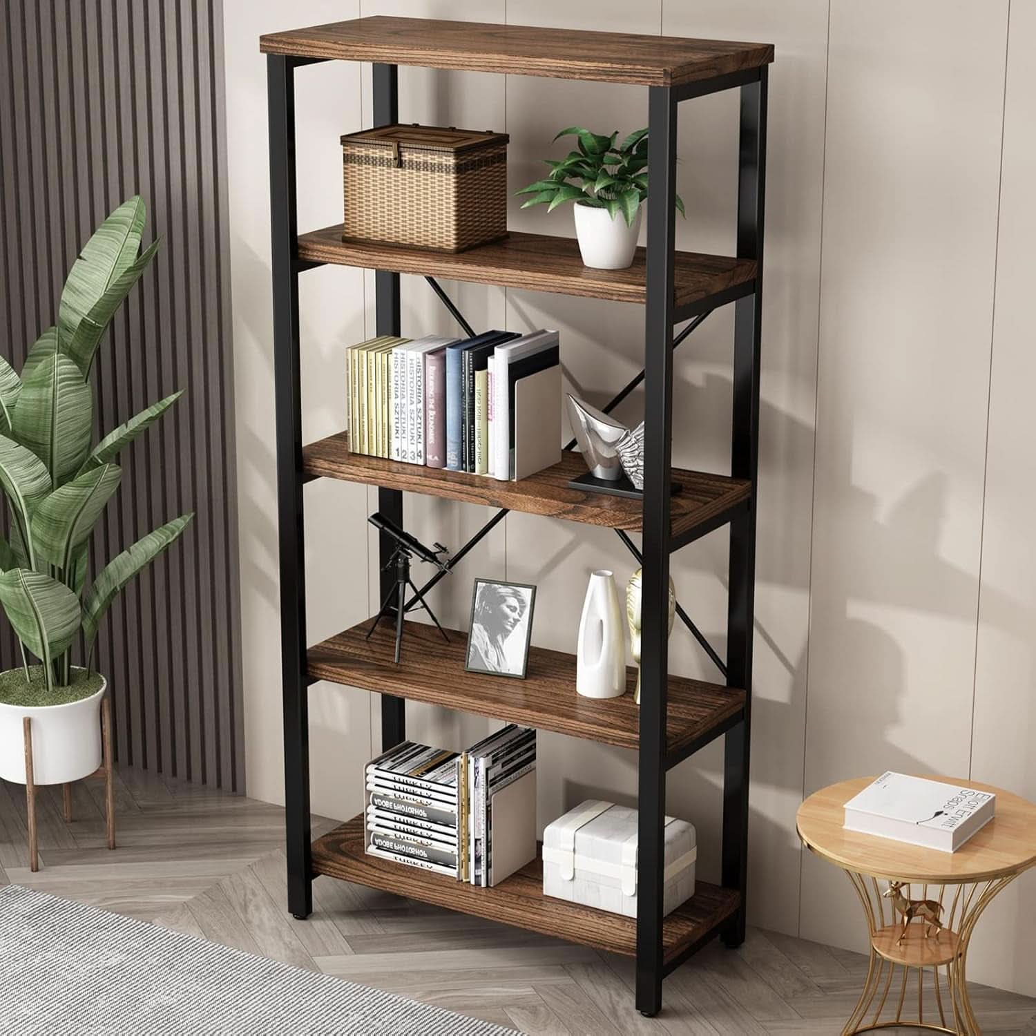 5 Tier Industrial Solid Wood Bookcase With Metal Frame