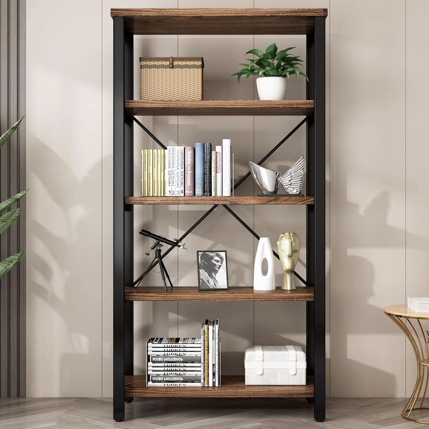 5 Tier Industrial Solid Wood Bookcase With Metal Frame