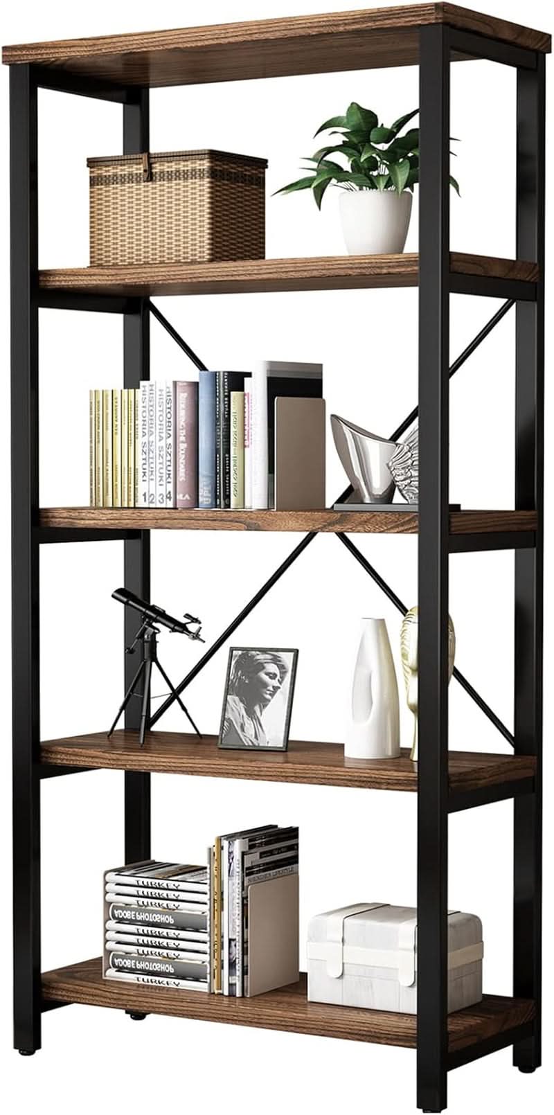 5 Tier Industrial Solid Wood Bookcase With Metal Frame