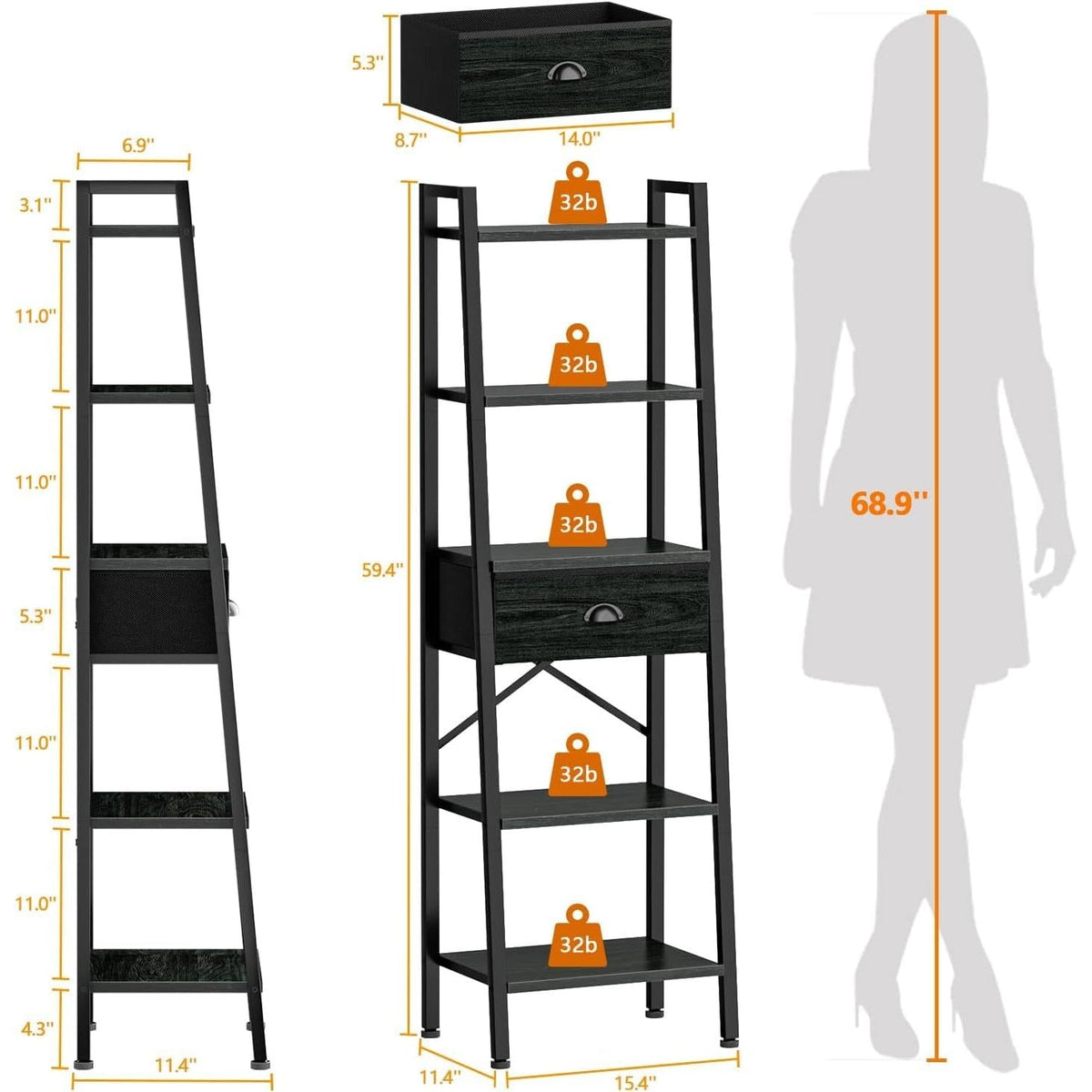 5 Tier Ladder Bookshelf Narrow Black Oak With Drawer