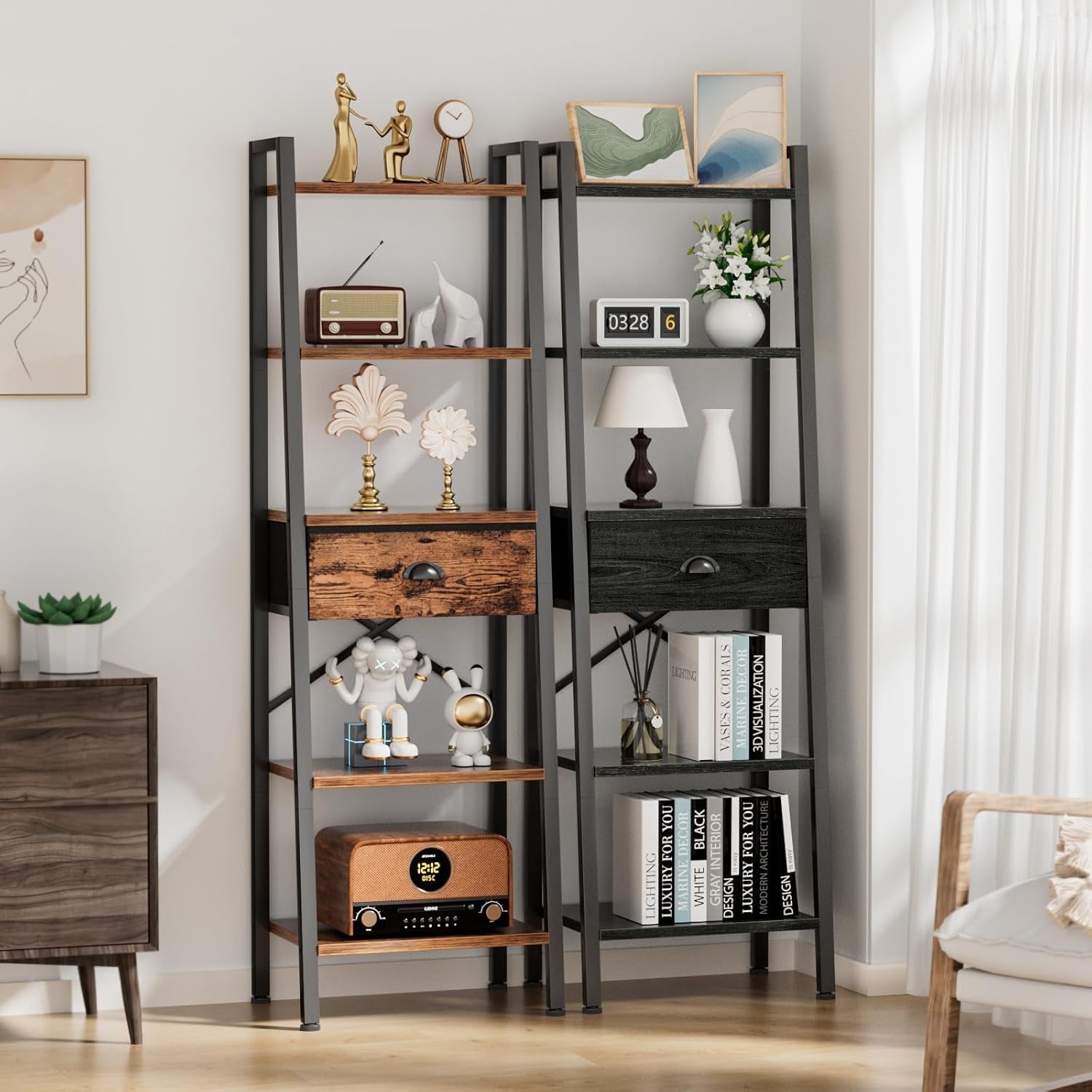 5 Tier Ladder Bookshelf Narrow Black Oak With Drawer