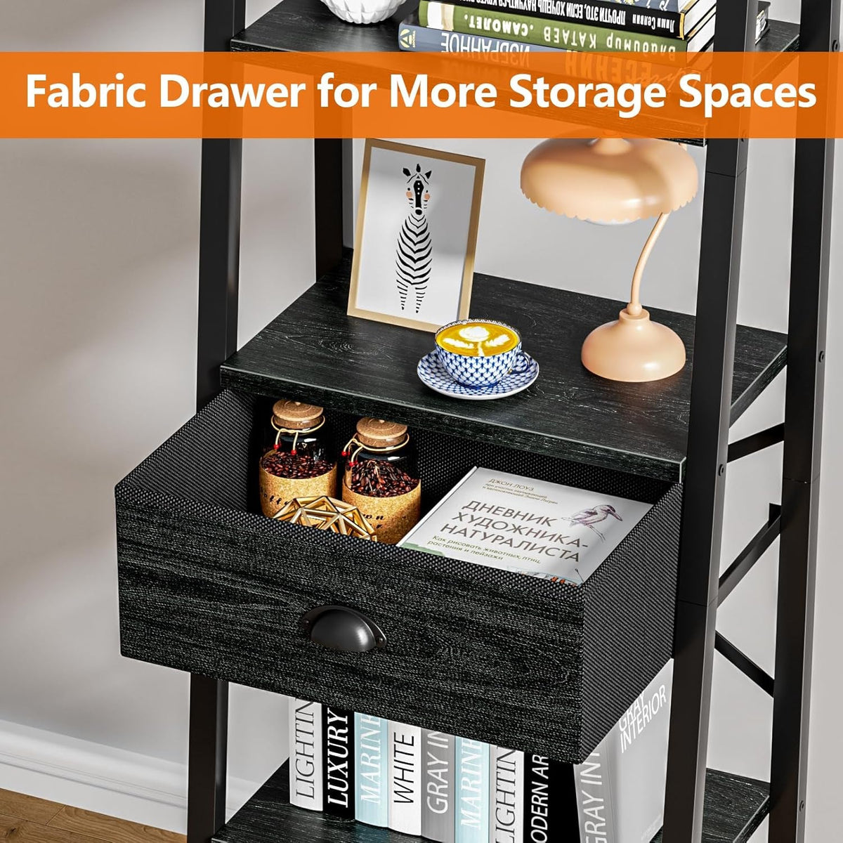5 Tier Ladder Bookshelf Narrow Black Oak With Drawer
